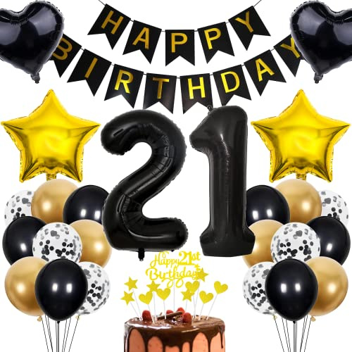 Cnrose 21. Geburtstag Deko Set - Tortendeko für Junge und Mädchen - Rosegold Ballons und Geschenk - 21 Jahre Feier