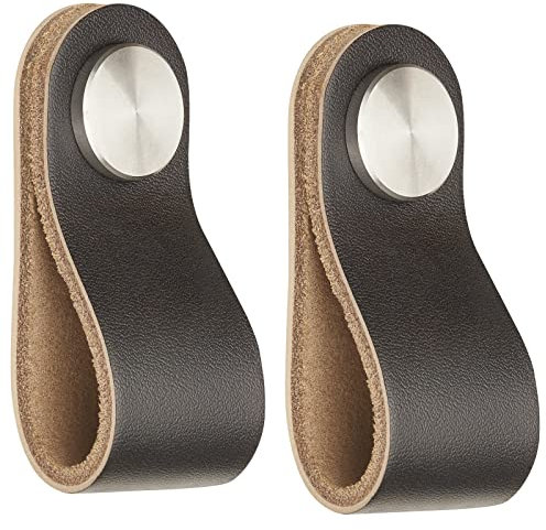 SOTECH 2 x Möbelknopf OSTERNAS schwarz (passend für 6 mm Bohrung) aus echtem Rindsleder und Schraubknöpfen aus echtem Edelstahl/Lederknopf mit Befestigungsschrauben/edler Möbelgriff