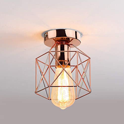 iDEGU Plafonnier Industrielle en Métal Cage Hexagone 15CM Vintage Lustre Abat-jour Or Rose Fer Luminaire E27 Lampe de Plafond pour Salon Chambre Bar Entrée Couloir