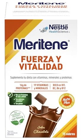 Meritene | Fuerza y Vitalidad | Batidos Sabor Chocolate | Fuerza para tus Músculos, Vitalidad para ti | Solución Nutricional para Adultos con Proteínas, Vitaminas y Minerales | 15 Sobres | 450 gr