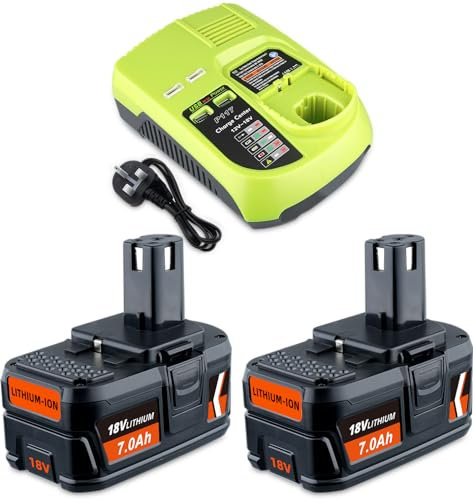 2Pack 7.0Ah P108 RB18L50 Li-ion Battery Replacement for Ryobi 18v Battery & P117 3A Charger with Dual Chemistry IntelliPort Compatible with Ryobi P107 P105 P104 P103 P102 RB18L50 RB18L40 RB18L25