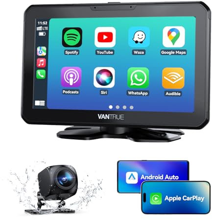 VANTRUE Wireless Apple CarPlay & Android Auto, 7 Inch Touchscreen Portable Car Stereo, 1080P Rear Backup Camera Reverse Assistance, Car Audio with Siri/Google Voice Assistance, P1 Car Radio AUX/FM/GPS