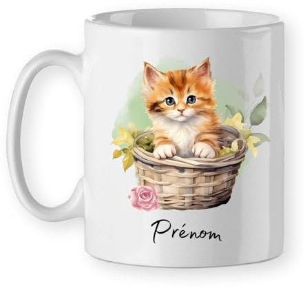 Mug chaton tasse chat roux floral aquarelle personnalisable prénom cadeau pour les amoureux des félins