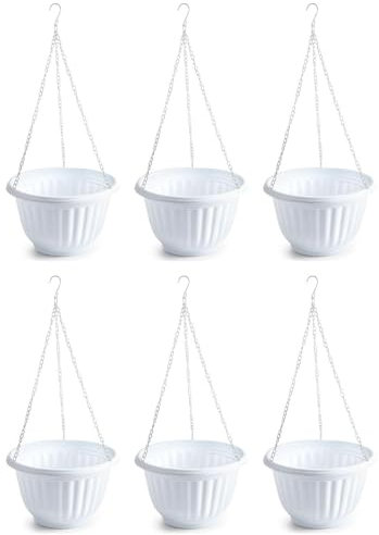 Acan Tradineur - Pack de 6 macetas Redondas Colgantes de plástico, Tiesto, macetero, Recipiente para Plantas, Flores, balcón, terraza, hogar, Fabricada en España (Blanco, 25 x 15 cm)