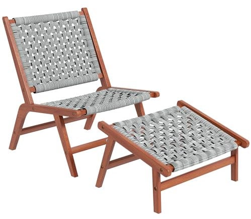 Outsunny Fauteuil de Jardin avec Repose-Pieds - Chaise Relax en Bois d'acacia et Corde résine tressée - Naturel, Gris