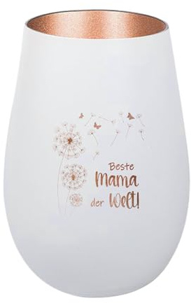 Der-Porzellan-Laden Windlicht mit Gravur Beste Mama der Welt, Weiß Bronze, Teelichthalter aus Glas mit Spruch, Tischdeko modern