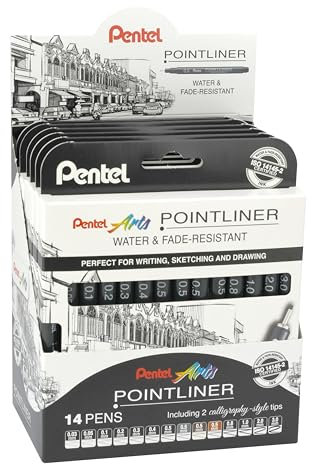 Pentel Pointliner YS20P-14, 14er Set Fineliner, wasserfest und lichtecht, 0,03-3,0 mm, VE=6 Sets