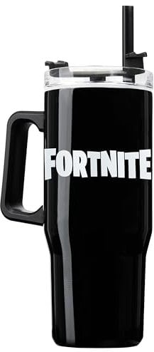 Fortnite Vaso Termico con Pajita y Asa Tapa, Aislamiento Termo Cafe Acero Inoxidable Doble Pared 940ml, Bebidas Frías 17H Calientes 8H Hielo 45H