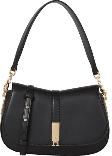 Tommy Hilfiger Damen Leather Saddle Shoulder Bag with Removable Crossbody Strap Satteltasche, Schwarz