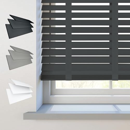 REHAN & CO Faux wood window Venetian Blinds 50mm Slats with String/Tape Blinds Aluminium Headrail Trimmable Child Safe Home Office Window Blind (Charcoal Tape, 60Wcm x 150Hcm)