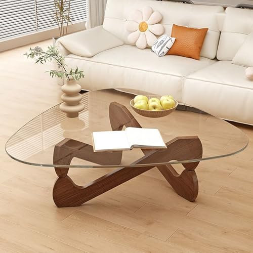Table Basse Triangulaire en Verre, Base en Bois Massif pour Le Salon, Meuble Moderne
