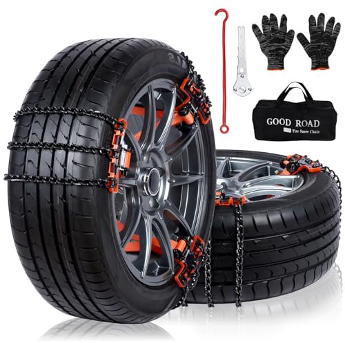 Cnornus Schneeketten Universal 205-225mm 6 Stück Einstellbare Schneeketten für Auto 205 215 225mm Reifen Winter Auto Zubehör mit Handschuhe, Klein Haken,Tragetasche