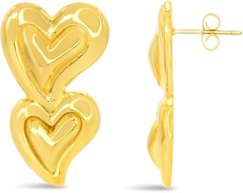 ARS-ARGENTI Boho Ohrringe Damen Mädchen Sterling Silber 925 Gold 18K - hypoallergen (Edle Doppel-Herz Ohrringe in stylishes Design VIOLET Edelstahl 18K vergoldet 32x19mm)