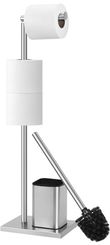 AstraLoom Free Standing Stainless Steel Bathroom Organizer Set, Toilet Roll Holder, Paper Towel Rack and Toilet Brush Storage, with an 8.5cm Black Brush Head Toilet Brush (Silver)