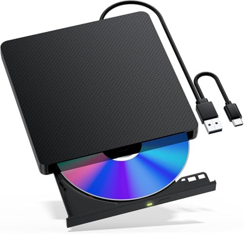 RUOVXWU External CD DVD Drive USB 3.0&Type-C External CD DVD Drive for Laptop Portable CD/Dvd +/-Rw Drive Burner Reader External Disk Drive for Windows 11 Laptop Desktop PC Mac OS Linux