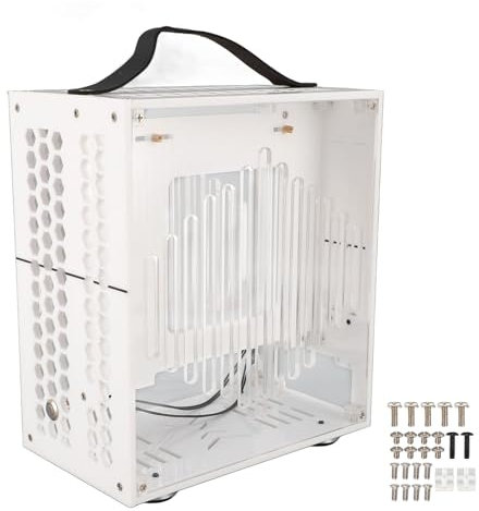 PC-Gehäuse, Micro-ITX-Tower mit Belüftetem Luftstrom-Design, Transparente Acryl-Seitenwand, Kompaktes Desktop-ITX-Gehäuse für Motherboard, Flex-Stromkabel (White)