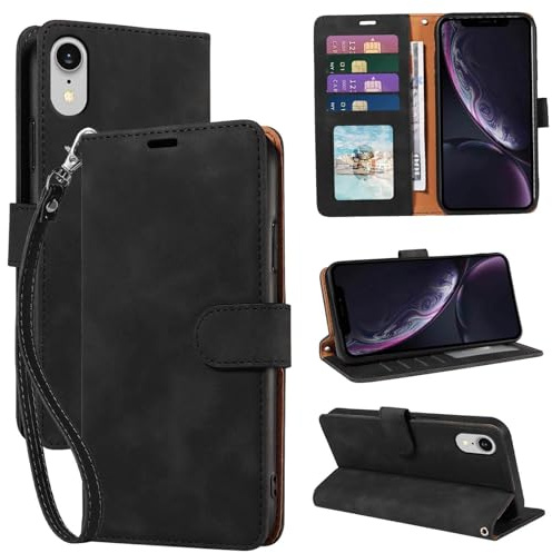 GOTOURED Black Wallet Phone Case for iPhone XR, RFID Blocking Card Holder | 4 Card Slots, Wrist Strap, Soft PU Leather Flip Cover, Kickstand, Cash Pocket, Magnetic Closure, TPU Shell Protective
