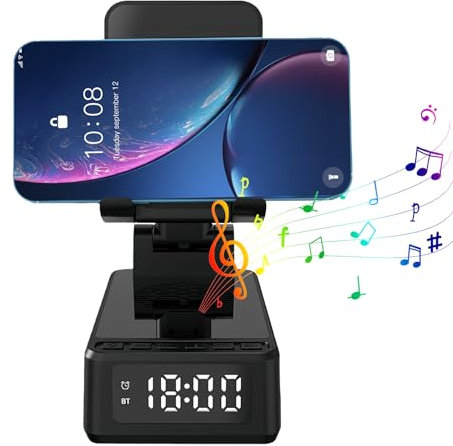 BORDEAG Wireless Charger Stand, 3-In-1 Induktive Ladestation, Bluetooth Audio Powerbank Halterung, Handy Ständer mit Kabellosem Bluetooth, Handy Ständer Mit Wecker Digital Uhr Kabellose Ladestation