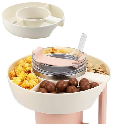 ZDNT Snack Tray Compatible with Stanley Cup 40oz,Snack Bowl for 40oz Tumbler with Handle,Silicone Plate with 3 Compartments for Stanley Cups Accessories Candy,Popcorn, fits car,Movie Theater(White)