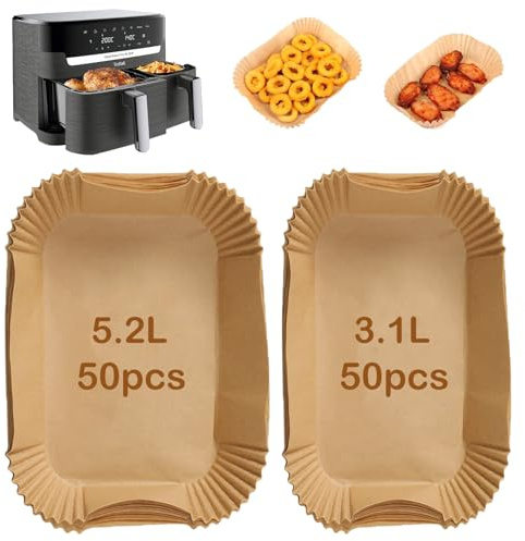 Baketron 100PCS Airfryer Backpapier für Tefal EY9018 Dual Easy Fry 5,2/3,1 L,Philips Airfryer Dual Basket 3000 Series,Doppelkammer Heißluftfritteuse Zubehör für Cecotec 5,5/3,5L, Moulinex 8,3 L