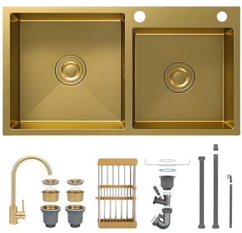 80x45cm Fregadero doble de acero inoxidable oro, filtro de residuos, Fregadero Bajo/Encimera/Enrasado con Juego Desagü, Con Grifo, Con cesta de drenaje retráctil Y Apto Para Bar O Exterior