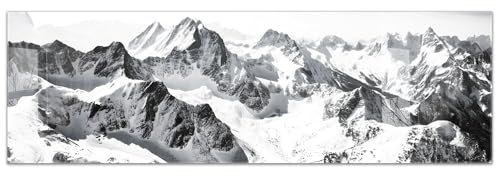 Küchenbild aus Acrylglas modernes Wandbild Glasbild Deko Küche XXL Bild wie Glas | 160x50cm Schwarz-Weiß Alpen Panorama – Schneeberge, Winterlandschaft, Berge