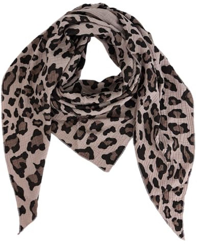 Damen Musselin Halstuch Made in Italy mit Leo Love Happy– Leichtes Dreieckstuch für Frühling & Sommer, Baumwolle, ca.195x85 cm (Camo Leo Schlamm)