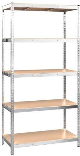 Kangmusi Lagerregal mit 5 Böden Silbern Stahl & Holzwerkstoff, Silber 152882