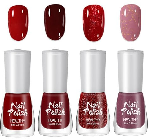 Red Nail Polish Set - 4Pcs Burgundy Purple Glitter Nail Varnish Kit - Glossy Water Based Natural Nail Polish - Quick Dry & Long Lasting Shimmer No UV Required DIY at Home Women Girls 8ML Nail Art