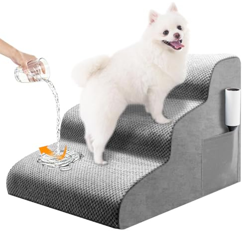 Hundetreppe für Kleine Hunde, 3 Stufen 40cm Hoch, Mit Wasserdichter Schicht und Rutschfestem Material, 30D-Schaumstoff, Katzentreppe für Alte Katzen Hundetreppe Große Hunde Für Bett, Sofa, Grau
