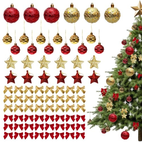 Christmas Baubles Ornaments Set 78 PCS Xmas Tree Decoration with Red and Gold Balls, Lanyard for Tree, Garden,Holiday, Wedding, Party