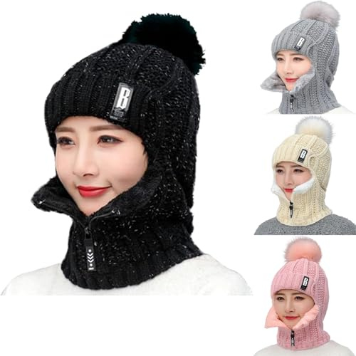 Aartner Mütze und Schal Damen, 2 in 1 Winter Strickmütze Schal Mütze Set, Balaclava Wintermütze Strickschal, Doppelte Wärme, 50-60cm (Schwarz)