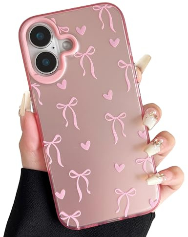 ZTOFERA Pink Aesthetic Bow Case for iPhone 17 (6.3), Love Heart | Glossy Hard PC Back Silicone Bumper Case, Cute Ribbon Bowknot Pattern, Camera Protection, Slim Shockproof Protective Cover