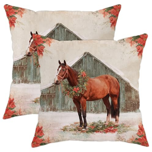 Pferde-Kissenbezüge, rustikaler Vintage-Stil, Weihnachtsstern, Scheune, Weihnachten, weicher Samt, waschbar, Couch-Kissenbezüge für Wohnzimmer, Bett, Büro, Sofa, Stuhl, Dekoration, 30,5 x 30,5 cm