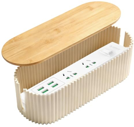 Kabelbox mit Bambusdeckel, Kabel Organizer Aufbewahrungsbox für Steckdosenleisten und Kabel,Kabelmanagement Box zum Verstecken und Ordnen,Steckdosenbox für Büro Zuhause