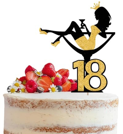 TESGADGETS 18th Birthday Cake Topper Glitter Red Wine Glass Girl Silhouette Cake Decoration High for Girls Lady Bachelorette Theme Birthday Party Cake Decoration, Gold