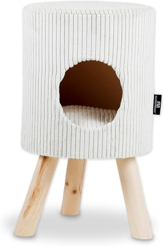 Rohrschneider Tierhöhle Rund für Katzen, beige oder türkis, mit oder ohne Hocker, Cordstoff, Herausnehmbares Kissen (Beige, Mit Hocker)