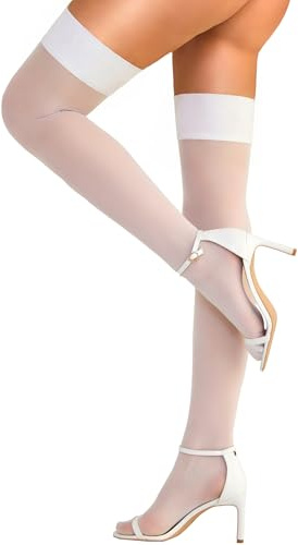 RSLOVE Women Hold Up Stockings - Sexy Thigh High Stay Up Suspender Stockings Silky Silicone White One Size