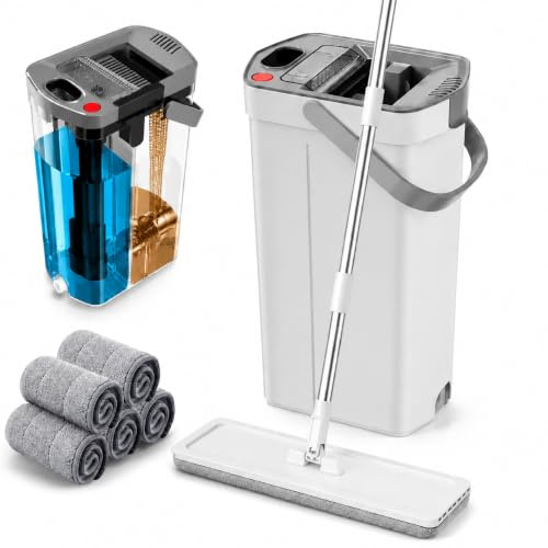 Flat Mop and Bucket Set with Wringer, Separate Dirty Water, 1+4 Mop Pads
