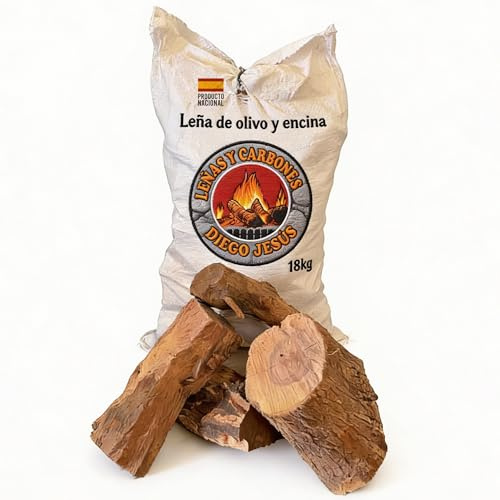 Leña de Encina y Olivo 18 kg para Barbacoas Hornos de Pizza y Chimeneas Alta Densidad Brasas Duraderas Combustión Eficiente Madera Seleccionada Secada
