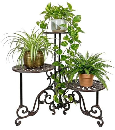 Relaxdays Pflanzenständer, Vintage, 3 Ablagen, Blumenstand Gusseisen, HBT: 58x50x50 cm, Pflanzenpodest Outdoor, braun