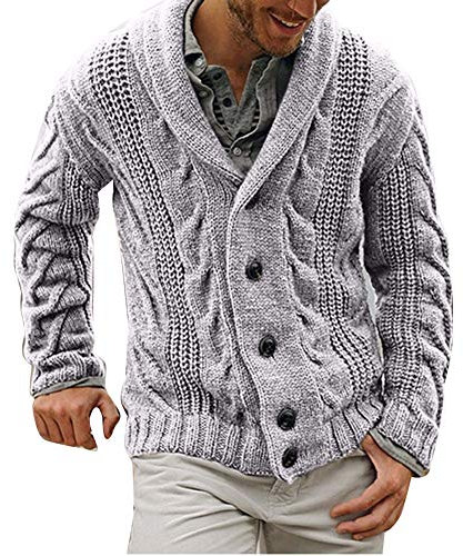 DAIHAN Men Plus Size Autumn Winter Shawl Neck Cardigan Single-breasted Sweater Coat Chunky Cable Knit with Front Pockets Light grey L