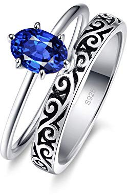 BONLAVIE 925 Sterling Silber Vintage geschnitzt Verlobungsring-Sets für Frauen erstellt blauen Saphir Ewigkeit Eheringe Größe 49.3(15.7)