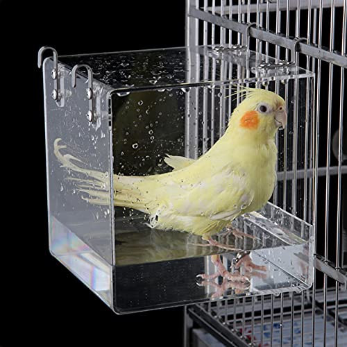 Aceshop Bird Bathtub Hanging Bird Bath Bowl Transparent Acrylique Bird Bath House Bath House, Accessoire de Cage à Oiseaux avec Crochets pour Petits Oiseaux Finch, Perruche, Canari 12.8 * 11.3 * 13cm