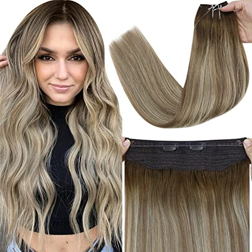 Fshine Secret Extensions Echthaar 40cm 80g Draht Extensions Echthaar mit Clips Dunkelbraun bis Aschbraun und Mittelblond Farbe 3 8 22