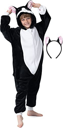 corimori - Morbido Costume da Gatto per Bambini con Cerchietto per Capelli | Costume di Carnevale a Tuta Intera per Ragazze e Ragazzi | Statura 130-150 cm