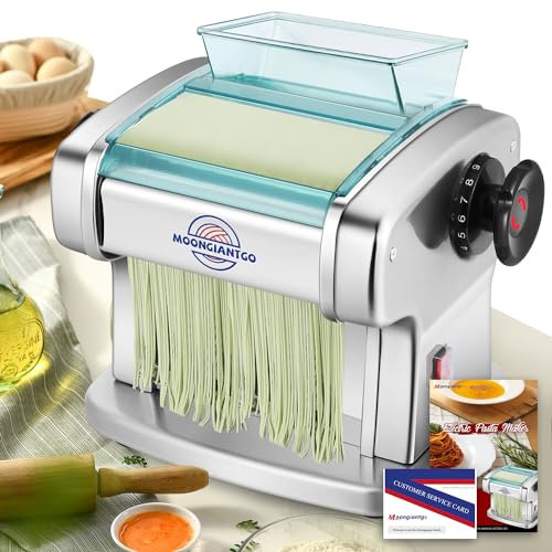 Moongiantgo Machine Pates Fraiches Professionnelle, Acier Inoxydable, Avec Coupeur Rond de 2,5 mm et Plat de 4 mm, Réglage de L'épaisseur à 9 Vitesses 0,5-5 mm, pour Fettuccine, Tagliolini, Raviolis