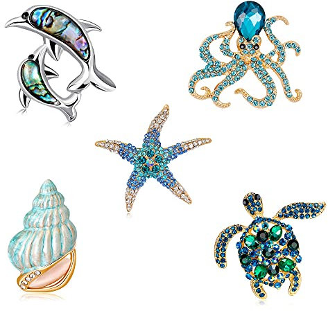 Oenothera 5 Pièces Broche d'animaux Marins, Dauphin, Poulpe, Étoile de Mer, Tortue, Conque, Broche en pierre du Rhin, pour femme blanche de mariage pour mariage/fête/bouquet de fleurs