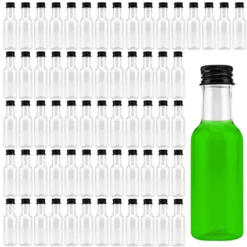 JEUIHAU 70 Pack 50ml Spirit Bottles With Black Aluminum Lid - Miniature Plastic Bottles for Water, Juice, Wine, Beverage and Sauce