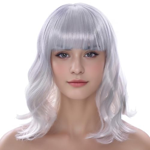 IMISSU Kurze lockige Haare Bob Perücken Cosplay Perücke mit Pony Halloween Kostüm Party Kopfbedeckung für Frauen (Weiß)